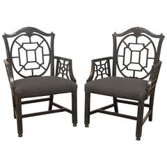 Pair of Black Lacquer Chinese Chippendale Armchairs