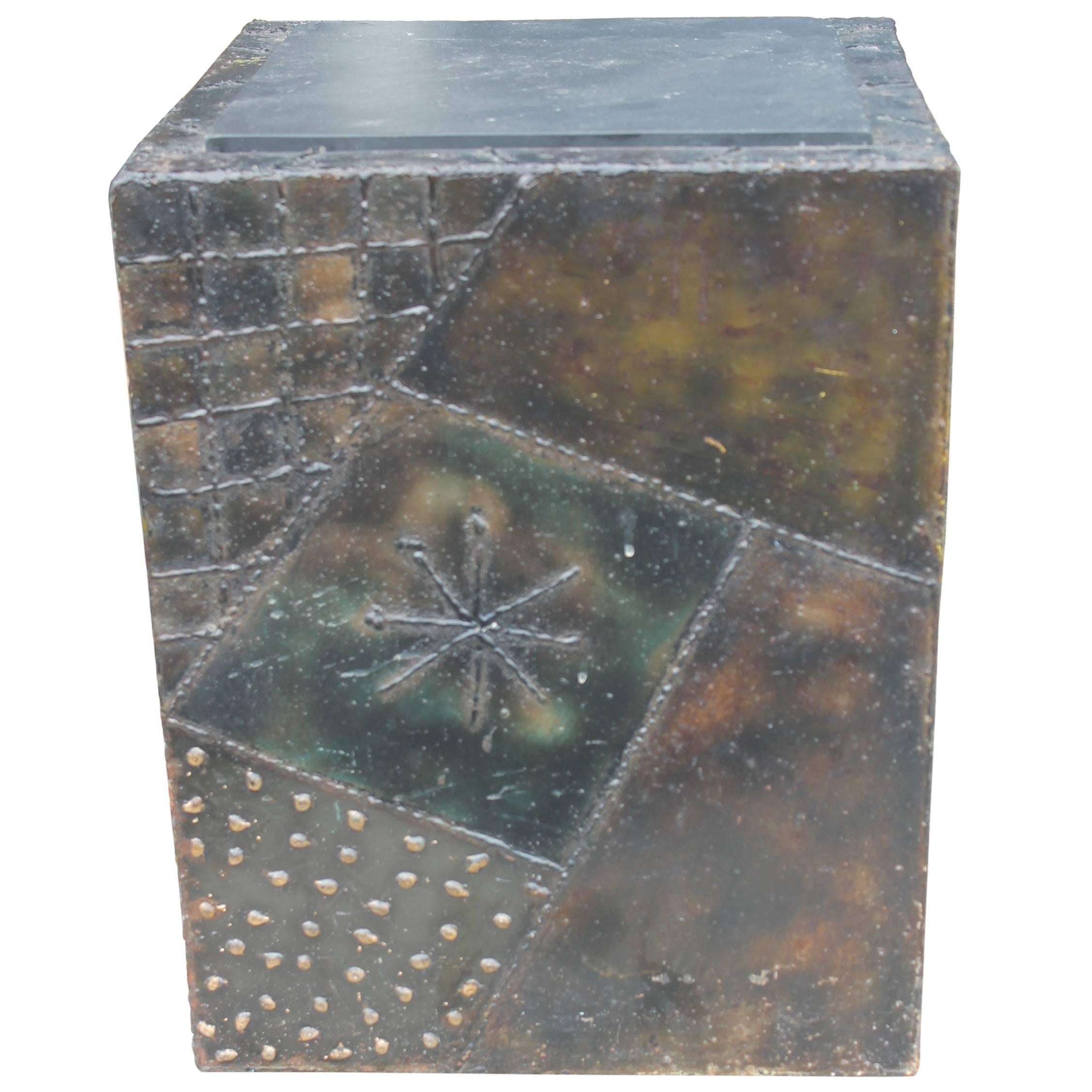 Paul Evans 1970 Signed PE-20 Cube End Side Table Steel Patchwork Brutalist