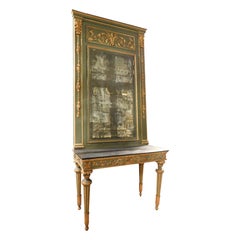 Green and gold lacquered console complete with mirror and table, France