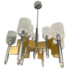 Lampadario in ottone, cromo e vetro di Murano di Sciolari, Italia, anni '70