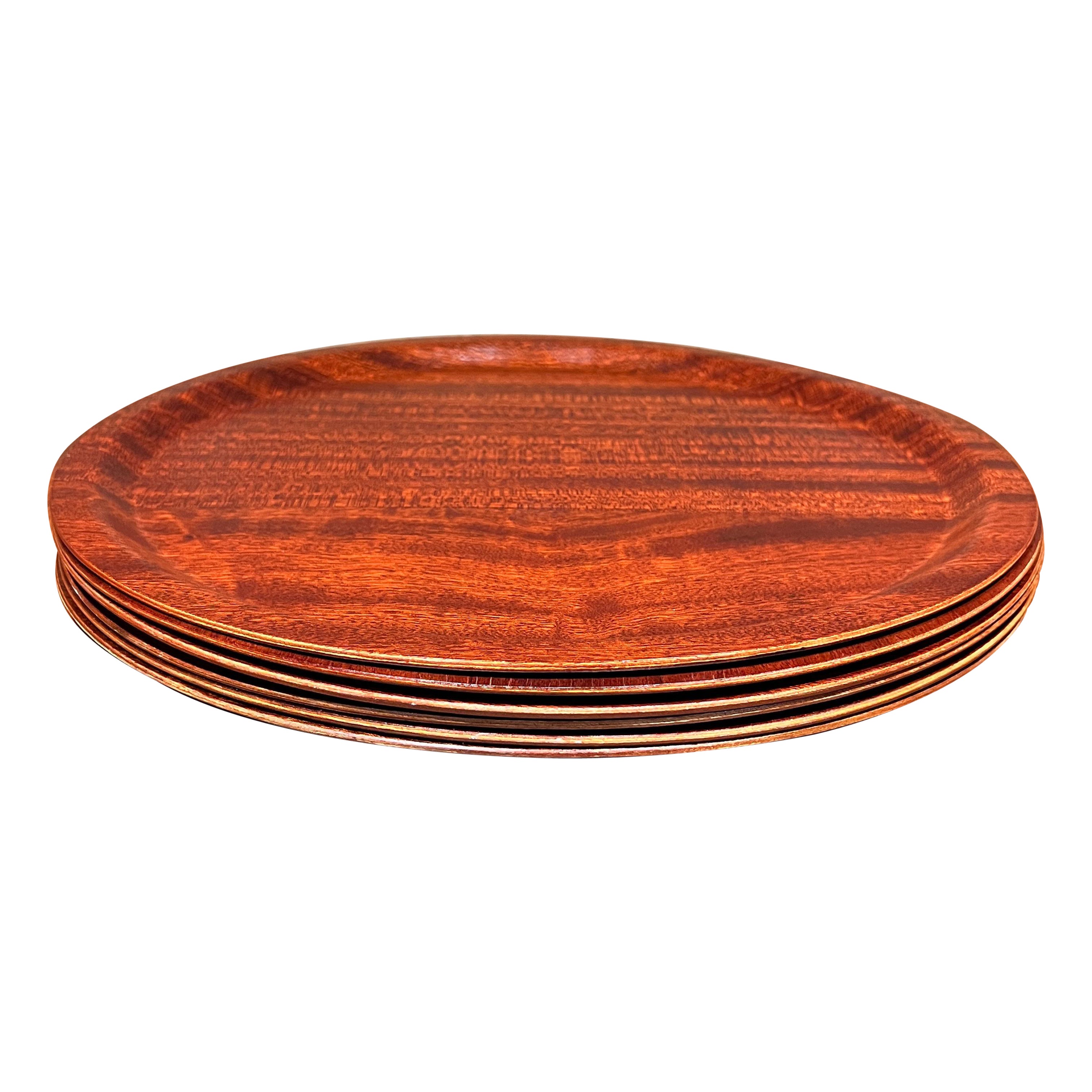 Juego de seis platos de servir de madera contrachapada curvada de caoba de los años 60