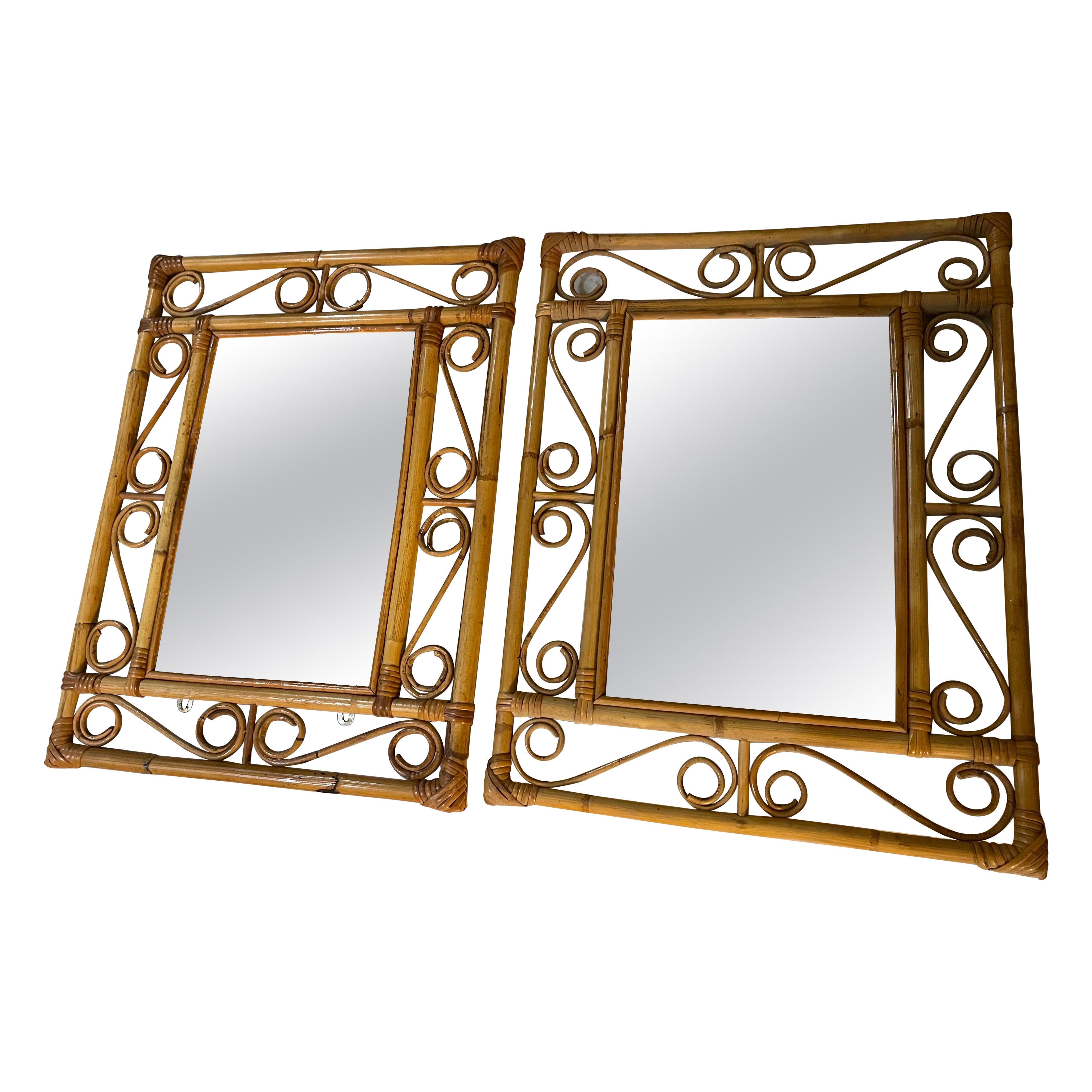 French Riviera pair mirror Bamboo with Rattan original , 1960s