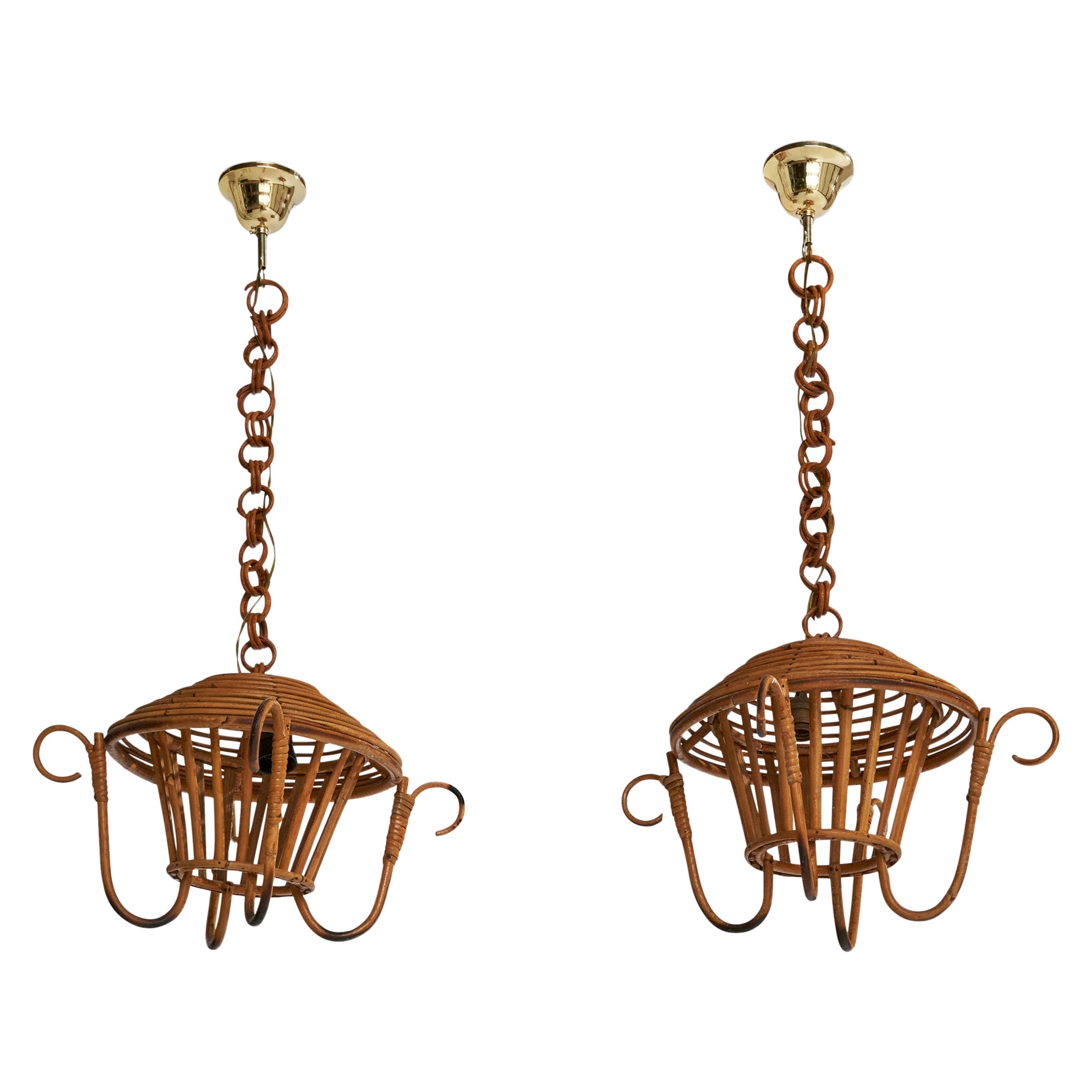 Italienischer Designer, Pendelleuchten, Bambus, Rattan, Messing, Italien, 1980er im Angebot