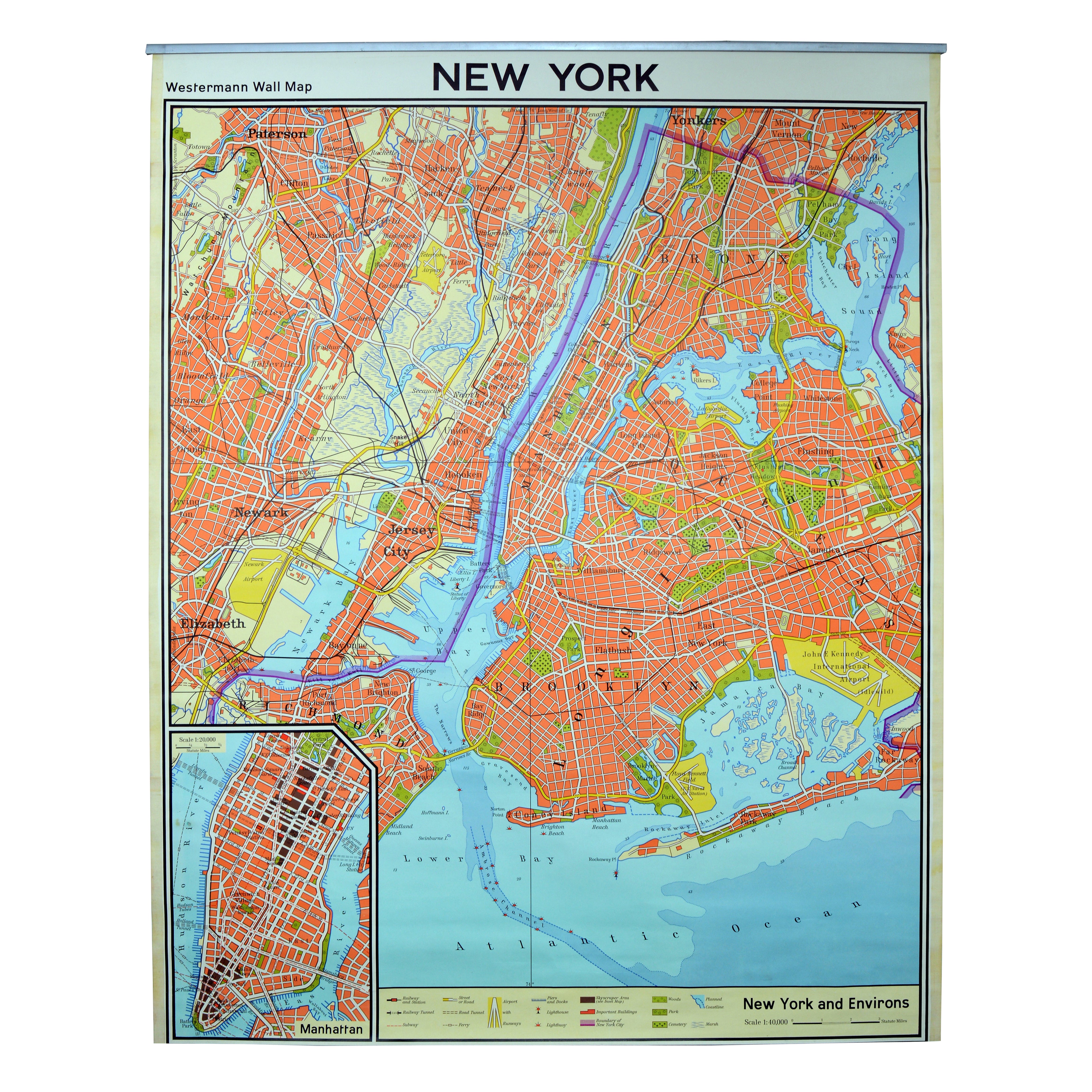 Vintage-Wandkarte New York City, Stadtkarte, USA 1950er Jahre