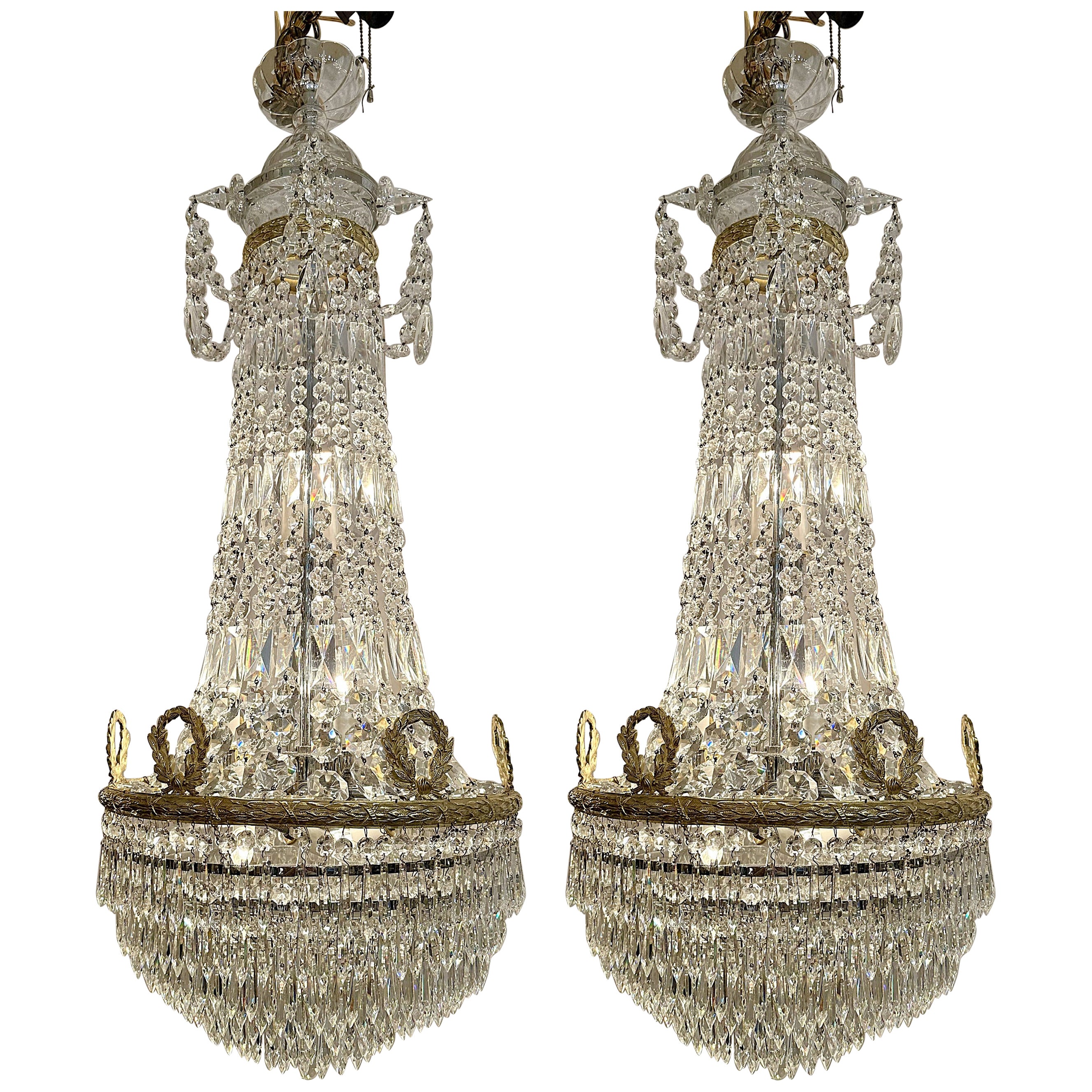 Pair Antique French Crystal and Gold Bronze Chandeliers, Circa 1890.