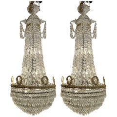 Pair Antique French Crystal and Gold Bronze Chandeliers, Circa 1890.