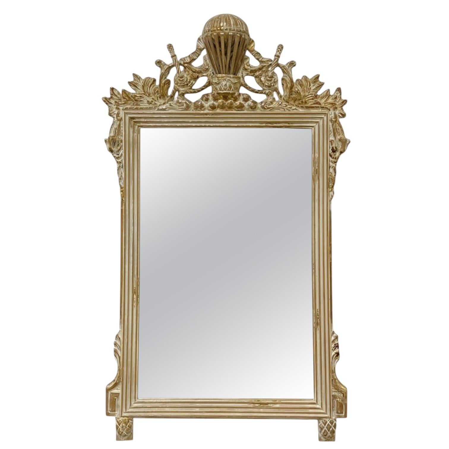 Italian Carved Giltwood & Whitewashed French Empire Style Balloon Wall Mirror