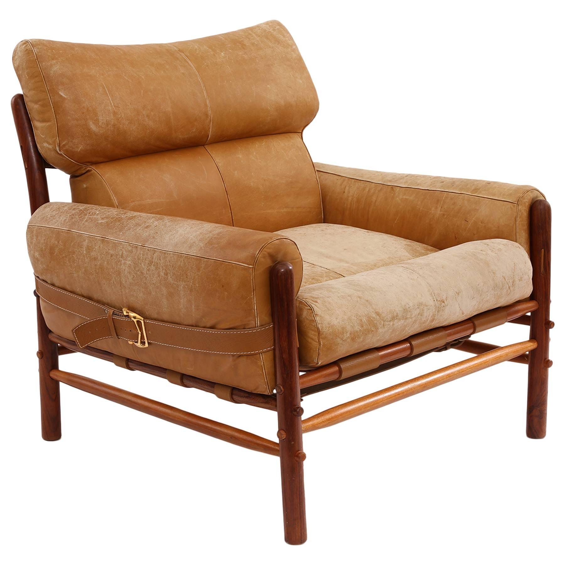 Beech Leather and Brass Lounge Chair by Arne Norell