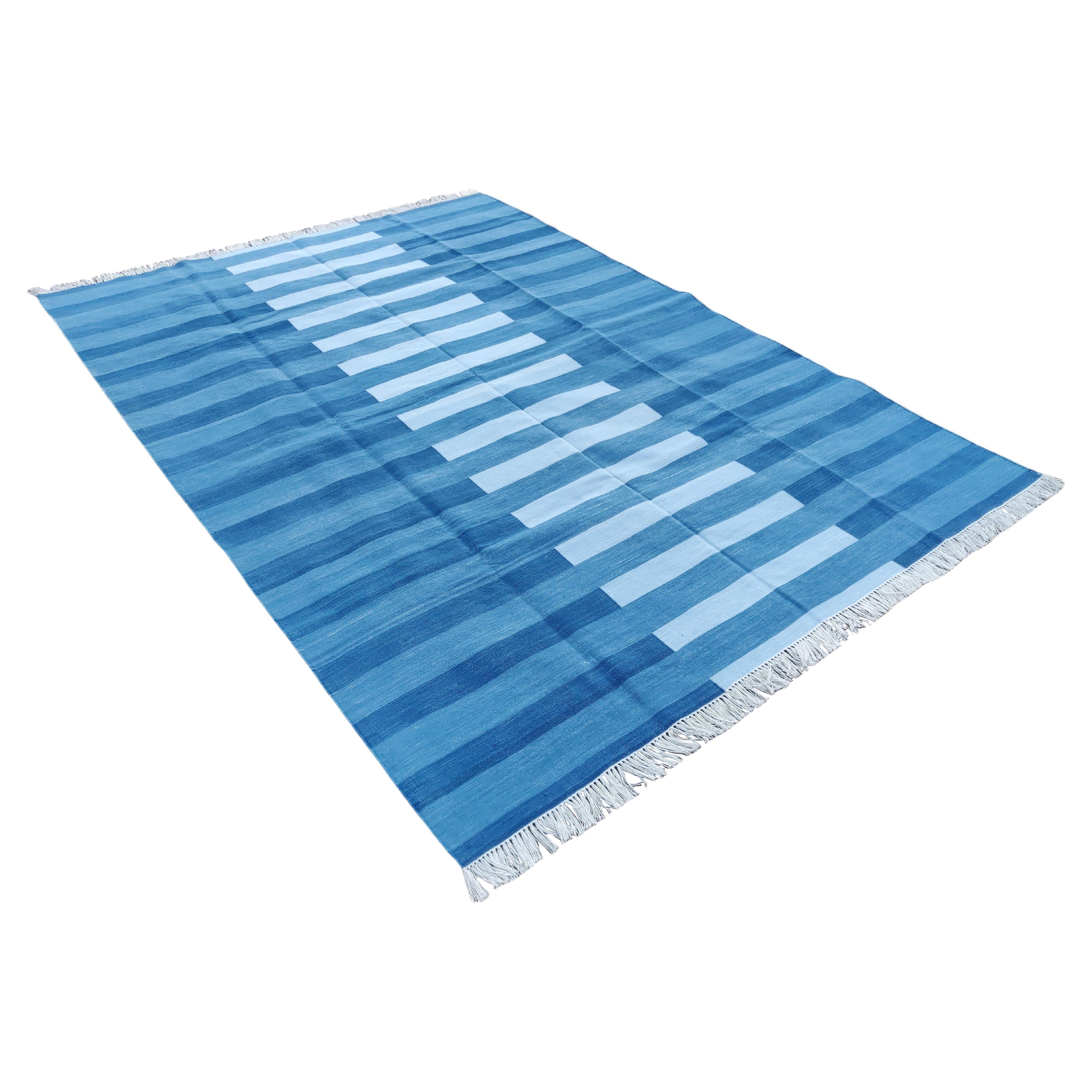 Handmade Cotton Area Flat Weave Rug, 9x12 Indigo Blue Striped Indian Dhurrie Rug