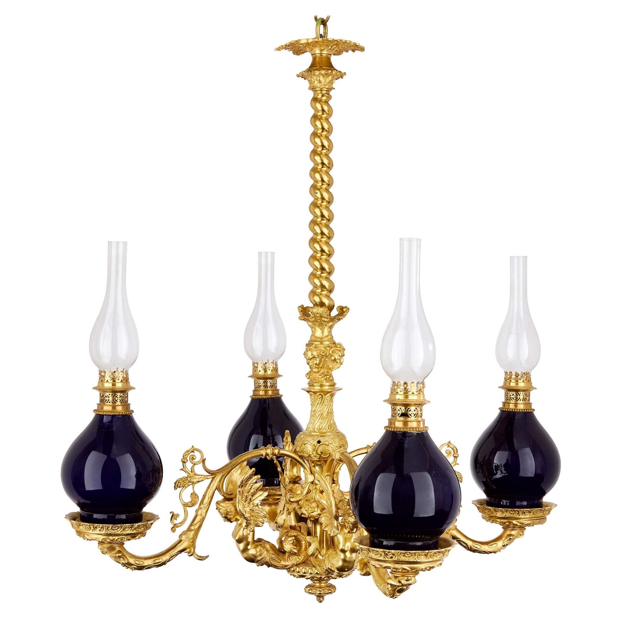 Antique Ceramic, Glass, and Ormolu Chandelier For Sale