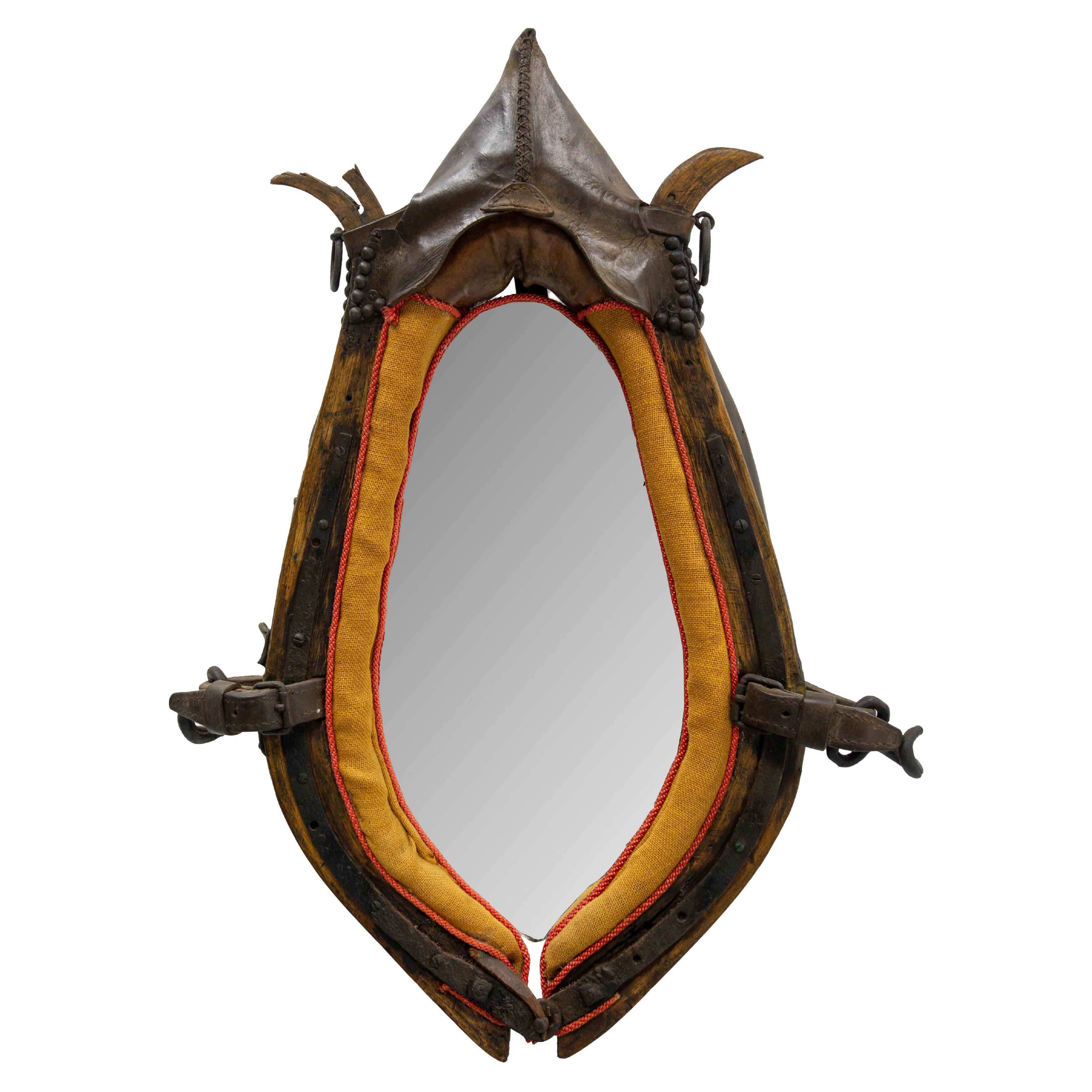 French Draught Horse Yoke Collar Mirror Leather Wood Iron 19th Century For Sale