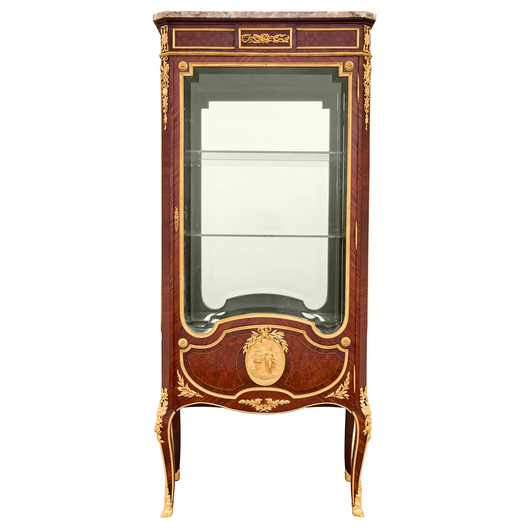 Antique Louis XVI Style Ormolu, Marble and Parquetry Vitrine