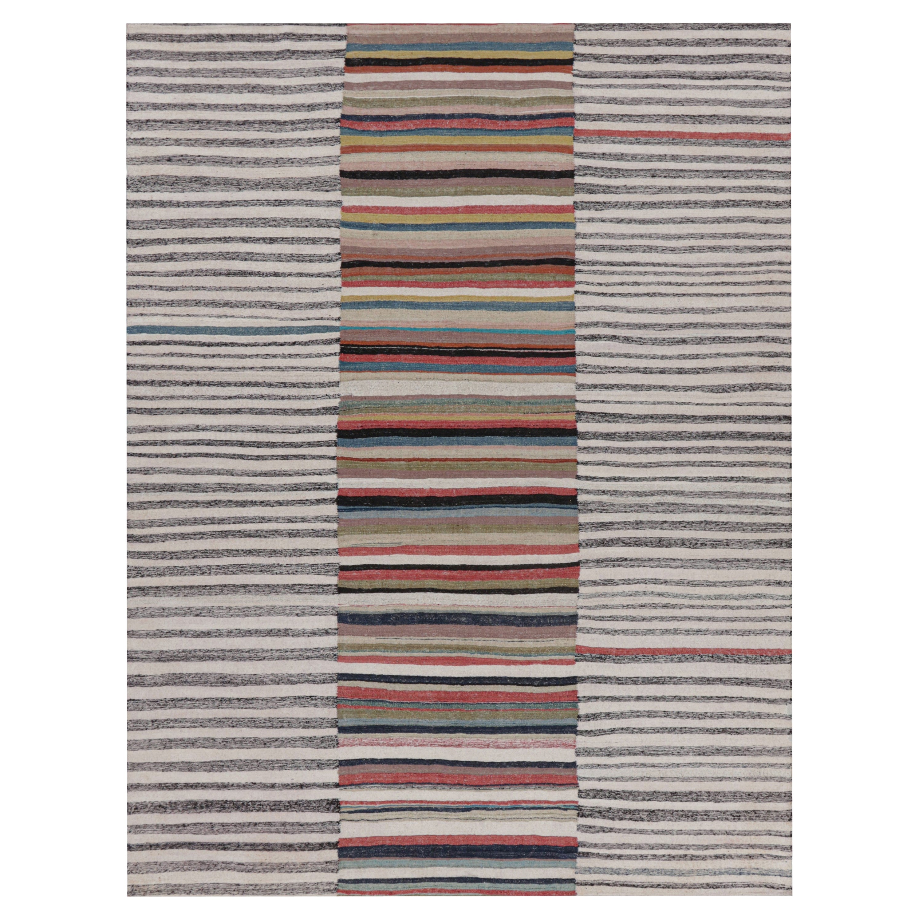 Rug & Kilim’s Contemporary Kilim in White with Polychromatic Stripes and Panels