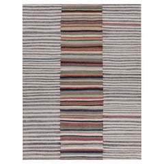 Rug & Kilim's Contemporary Kilim in White with Polychromatic Stripes and Panels (Kilim contemporain en blanc avec des bandes et des panneaux polychromes)