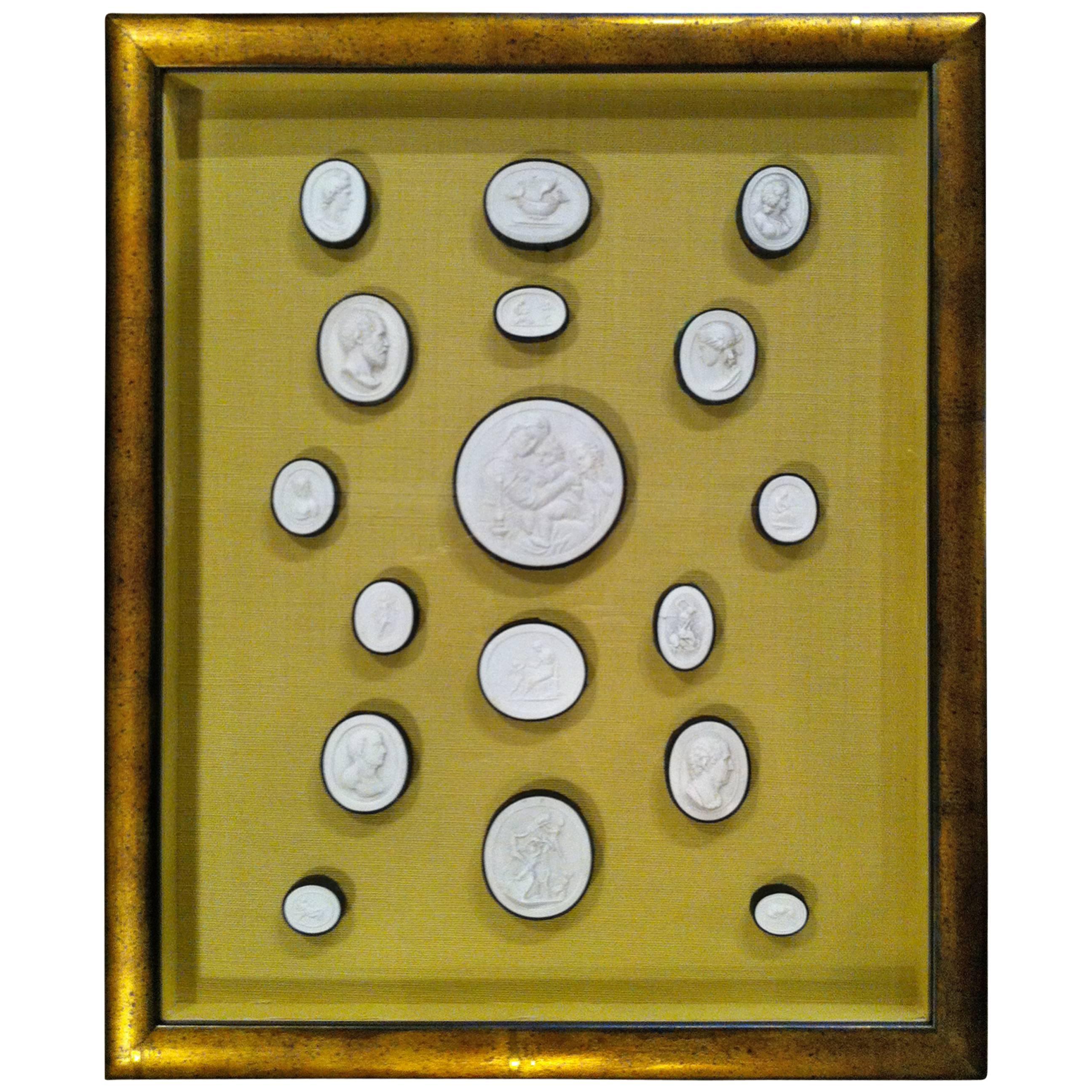 Italian Grand Tour Plaster Intaglio Collection in Gilt Wood Frame