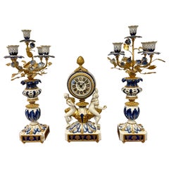 Outstanding Quality Large Antique French Porcelain and Gilded Metal Clock Set