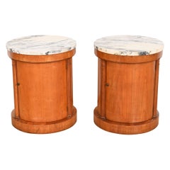 Baker Furniture Empire Cherry Wood Marble Top Drum Nightstands or Side Tables