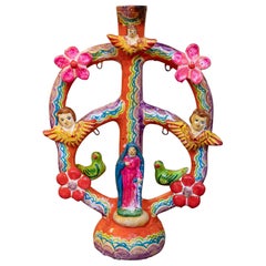 1970s Polychrome Ceramic Tree of Life with Religious Representation