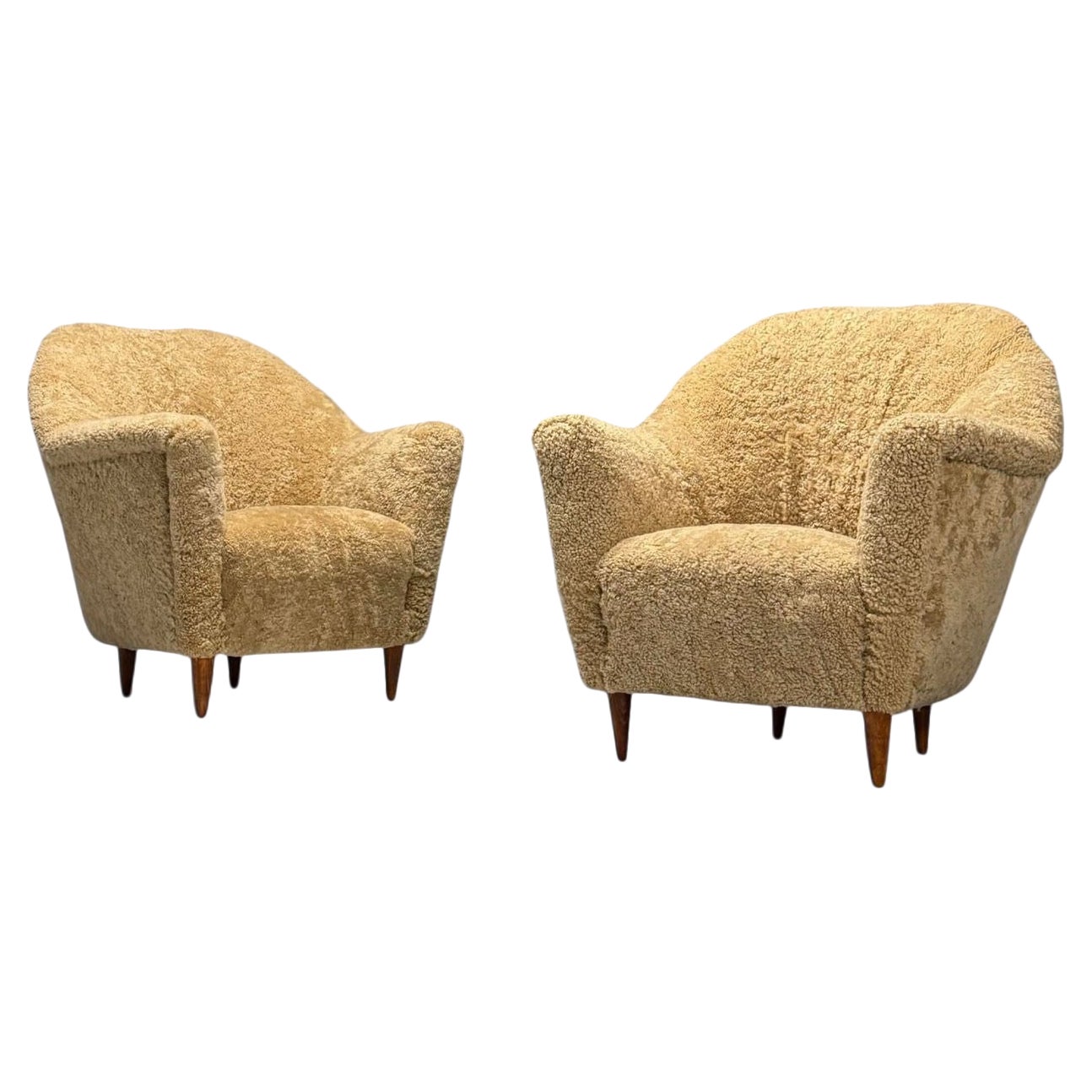 Italian Mid-Century Modern, Lounge Chairs, Honey Shearling, Stained Wood, 1950s