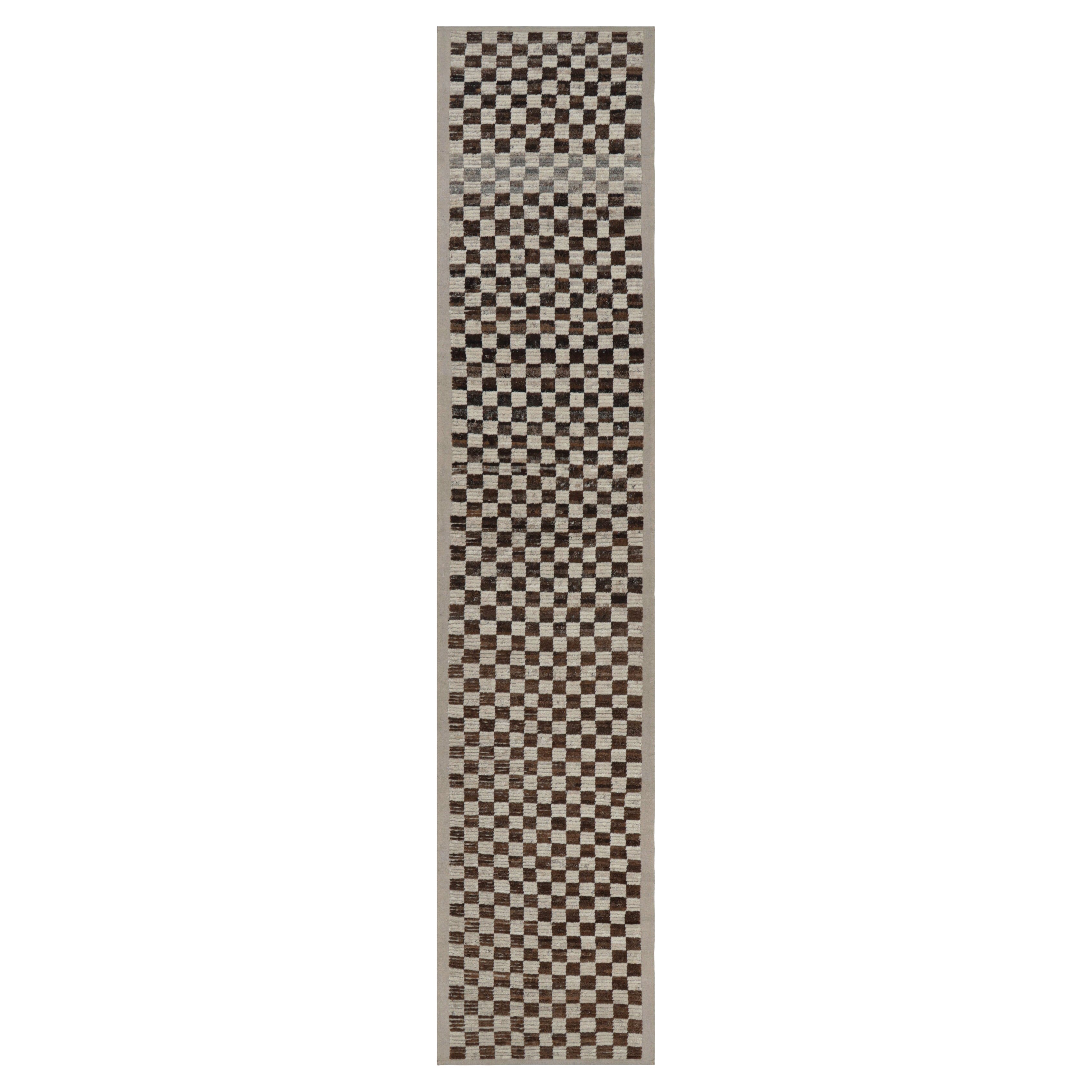 Rug & Kilim’s Extra-Long Runner Rug in Brown & White Checkered Geometric Pattern