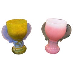 1950s Pair of Murano Hand Blown Glass Goblets with Side Handles