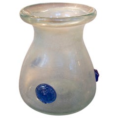 1950s Handmade Murano Blown Glass Vase with Blue Embossed Details