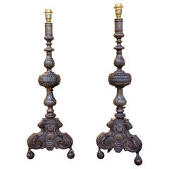 1980s Pair of Candlestick Table Lamps in Embossed Metal
