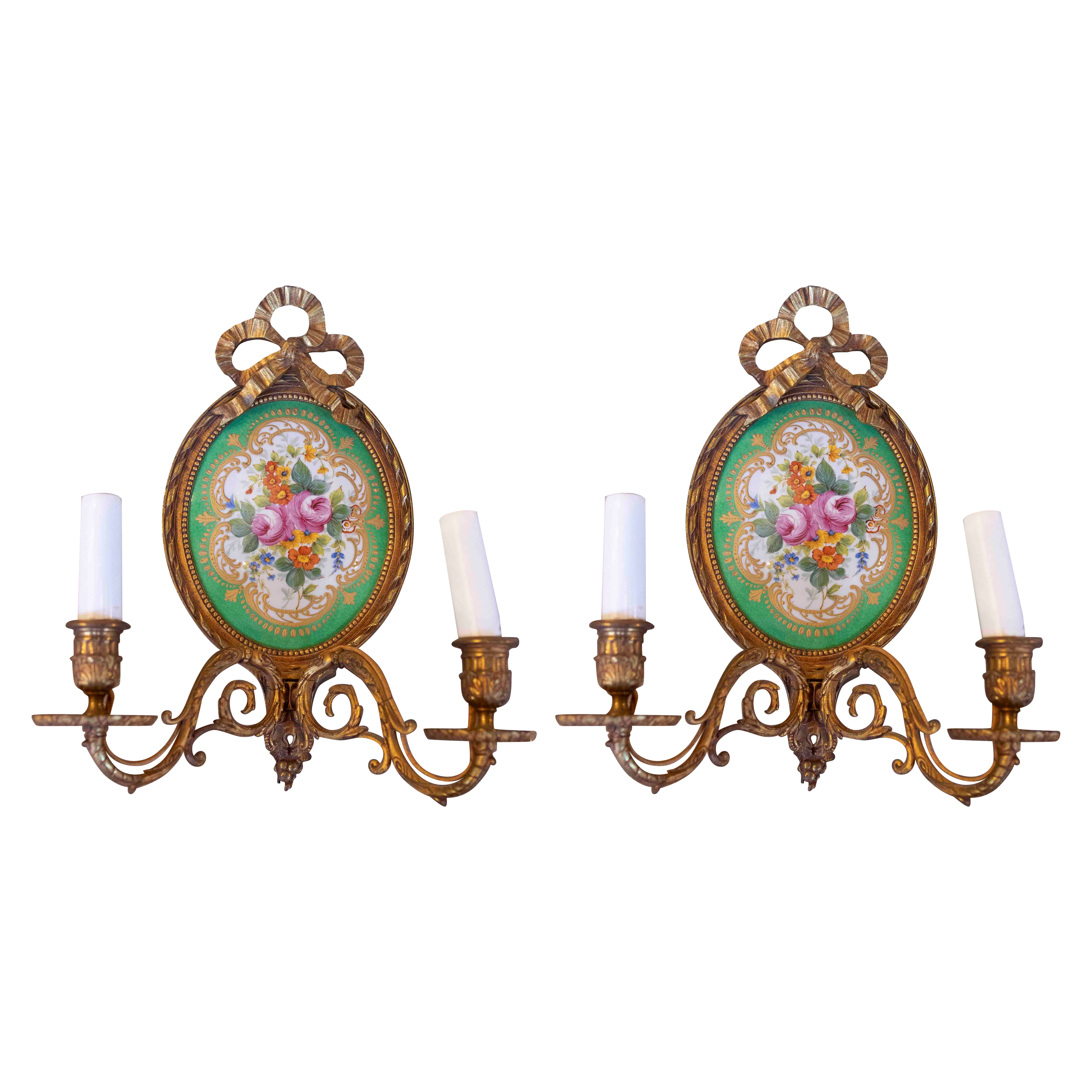 1950s Pair of Bronze and Porcelain Wall Sconces with Floral Design