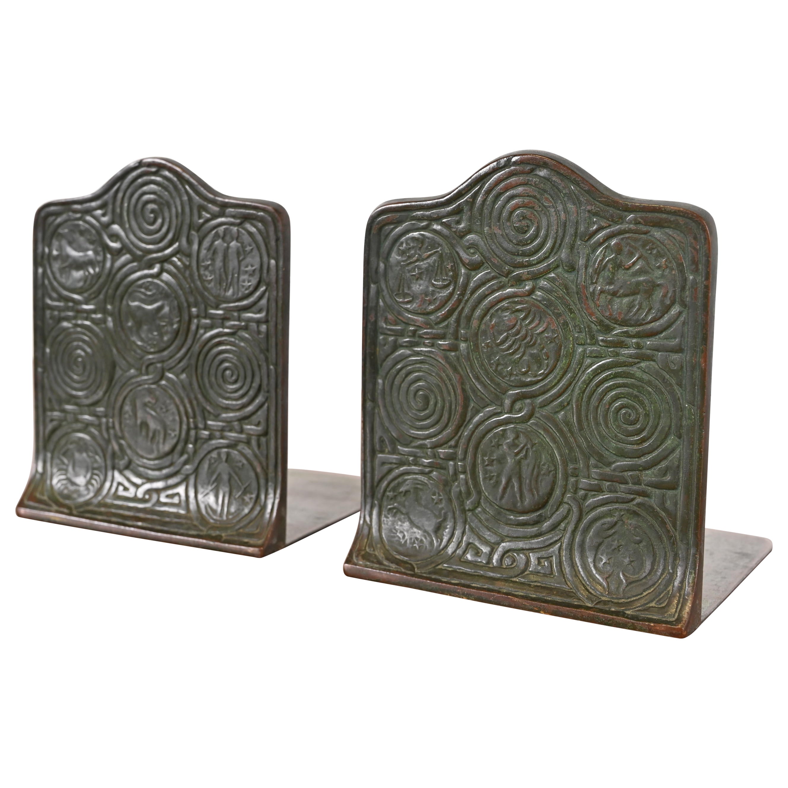 Tiffany Studios New York Bronze Zodiac Bookends, Circa 1910