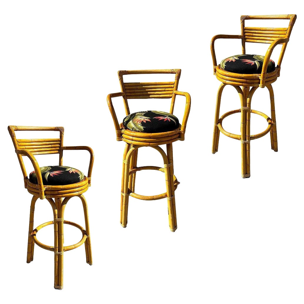 Restored 2-Strand Arch Base Rattan Bar Stools w/ Armrest, Set of 3