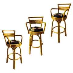 Vintage Restored 2-Strand Arch Base Rattan Bar Stools w/ Armrest, Set of 3