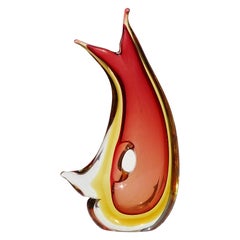 Murano Sommerso Vintage Red Orange Italian Midcentury Art Glass Flower Vase