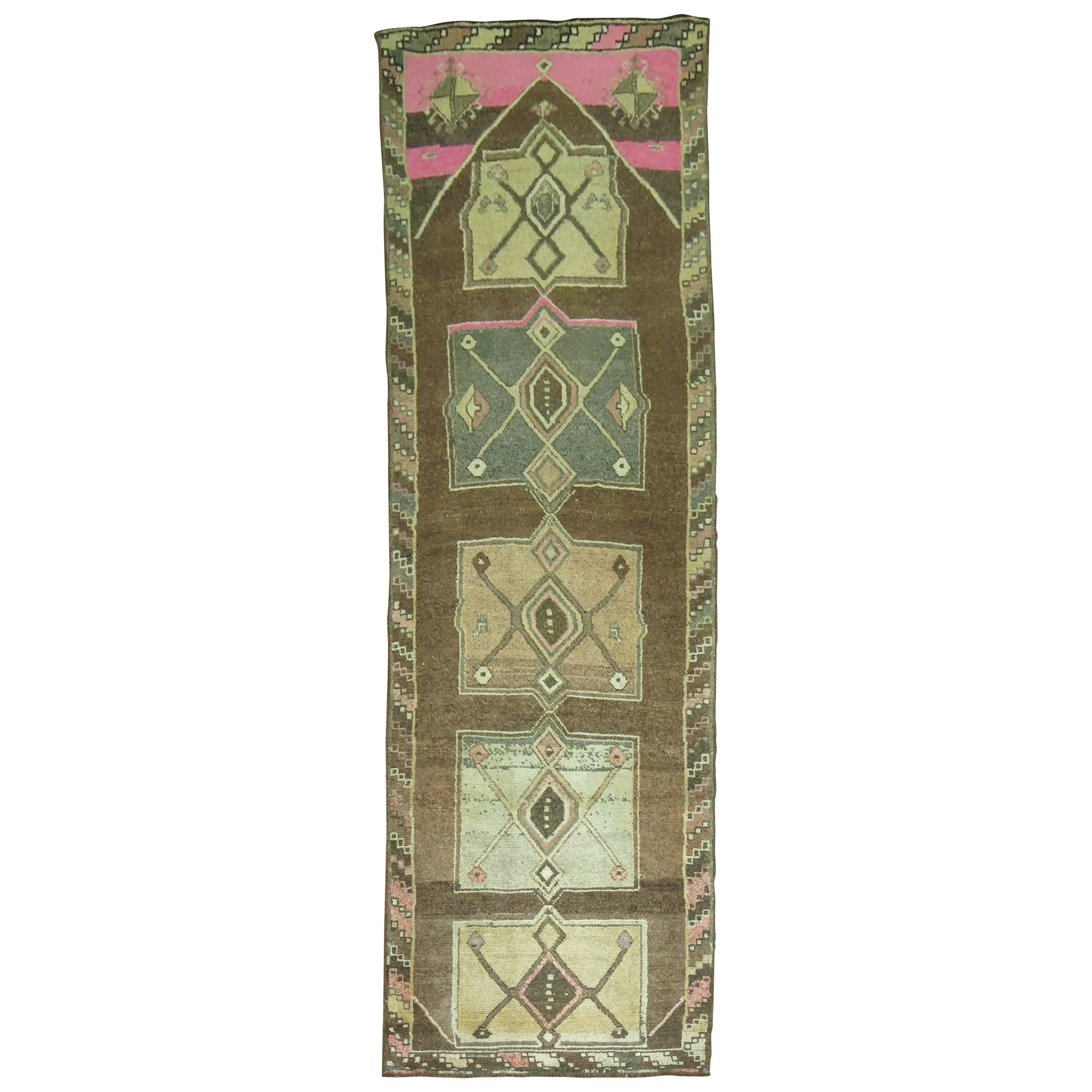 Zabihi Collection Vintage Turkish Runner in Brown and Pink For Sale