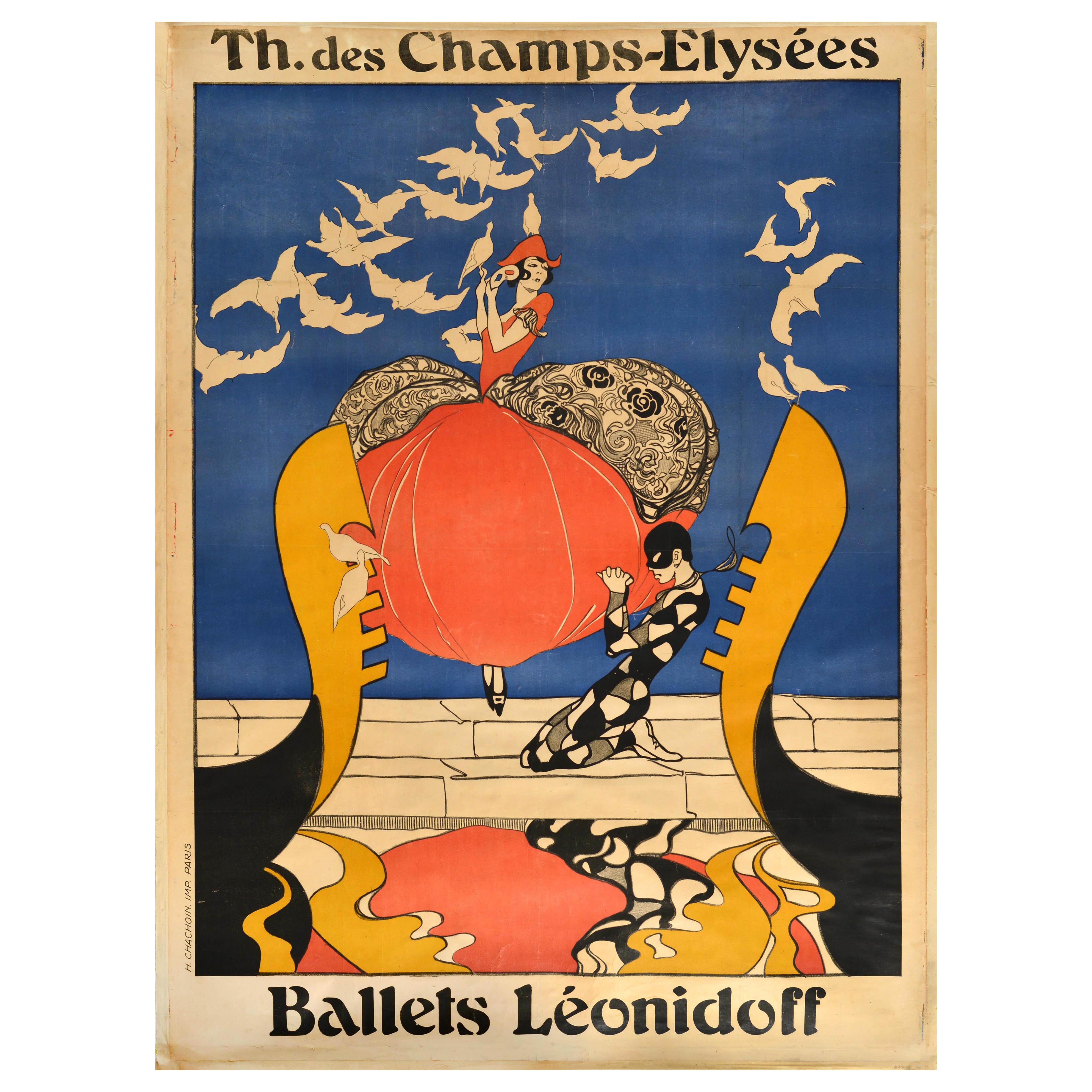 Cartel Publicitario Antiguo Original Teatro Campos Elíseos Ballets Leonidoff