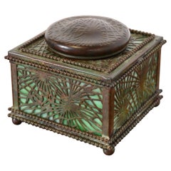Tiffany Studios New York Pine Needle Bronze and Slag Glass Inkwell, Circa 1910