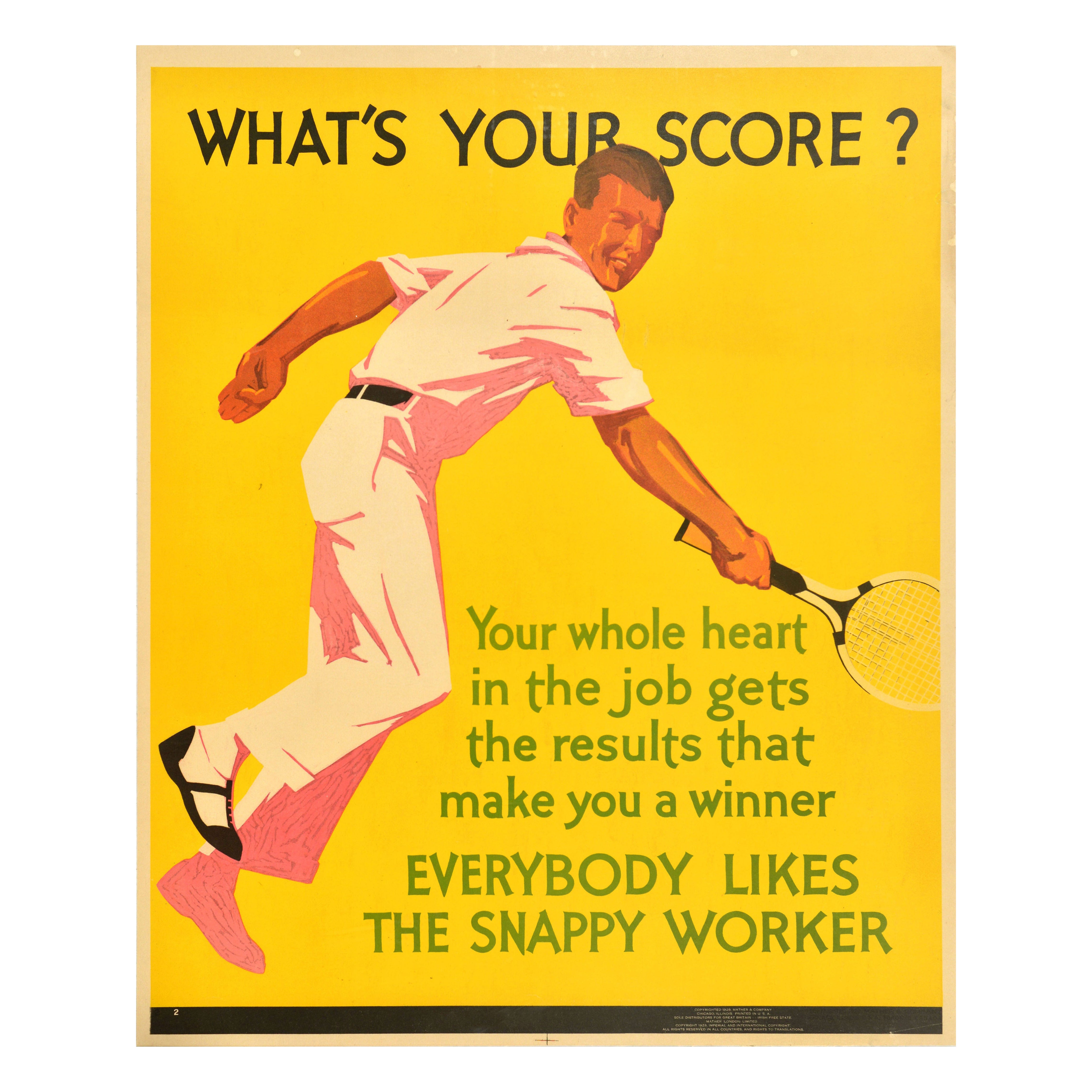 Poster originale d'epoca per la motivazione sul posto di lavoro What's your score Tennis Work