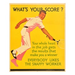 Poster originale d'epoca per la motivazione sul posto di lavoro What's your score Tennis Work