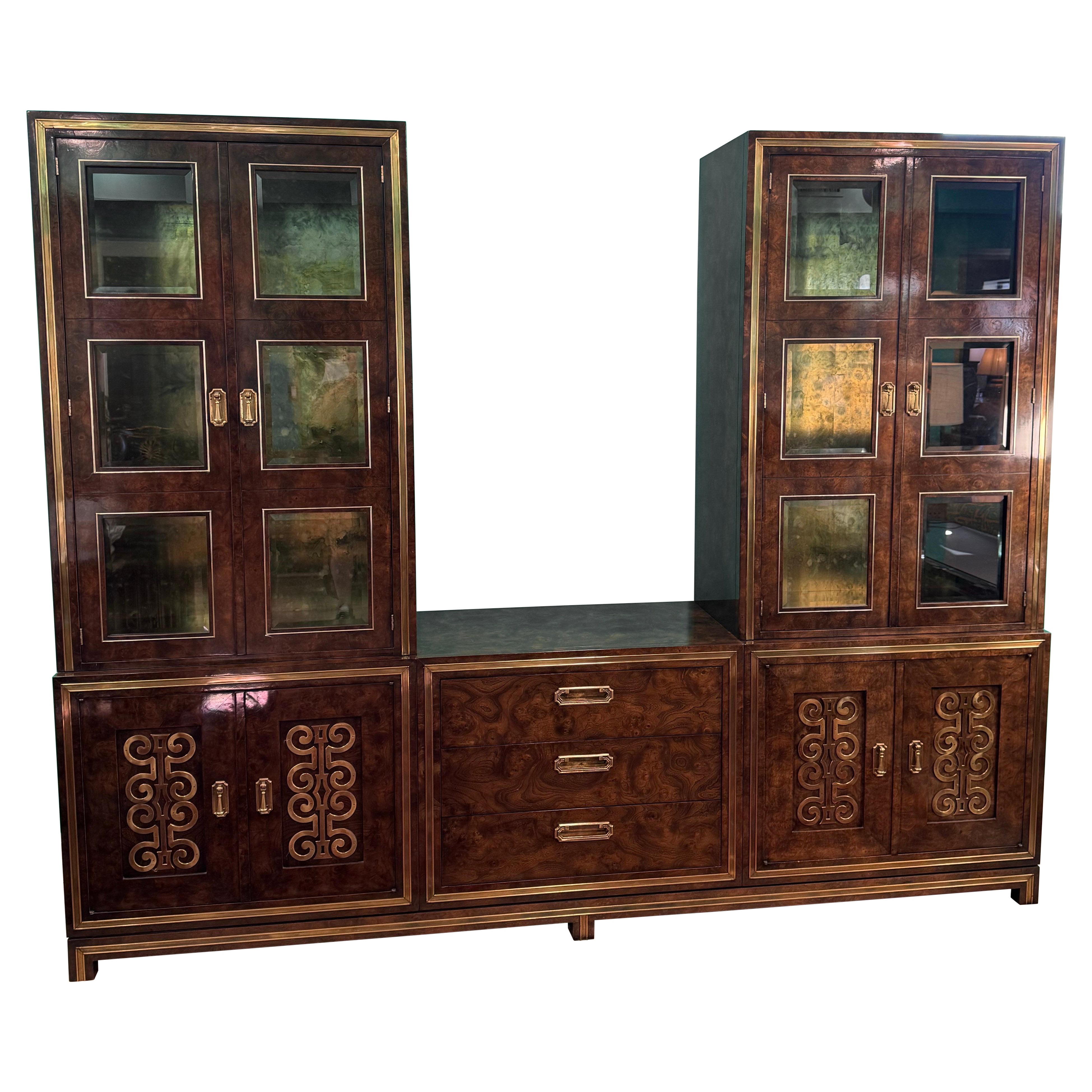Extraordinary Glass Front Burled Amboyna Cabinets and Credenza by Mastercraft For Sale