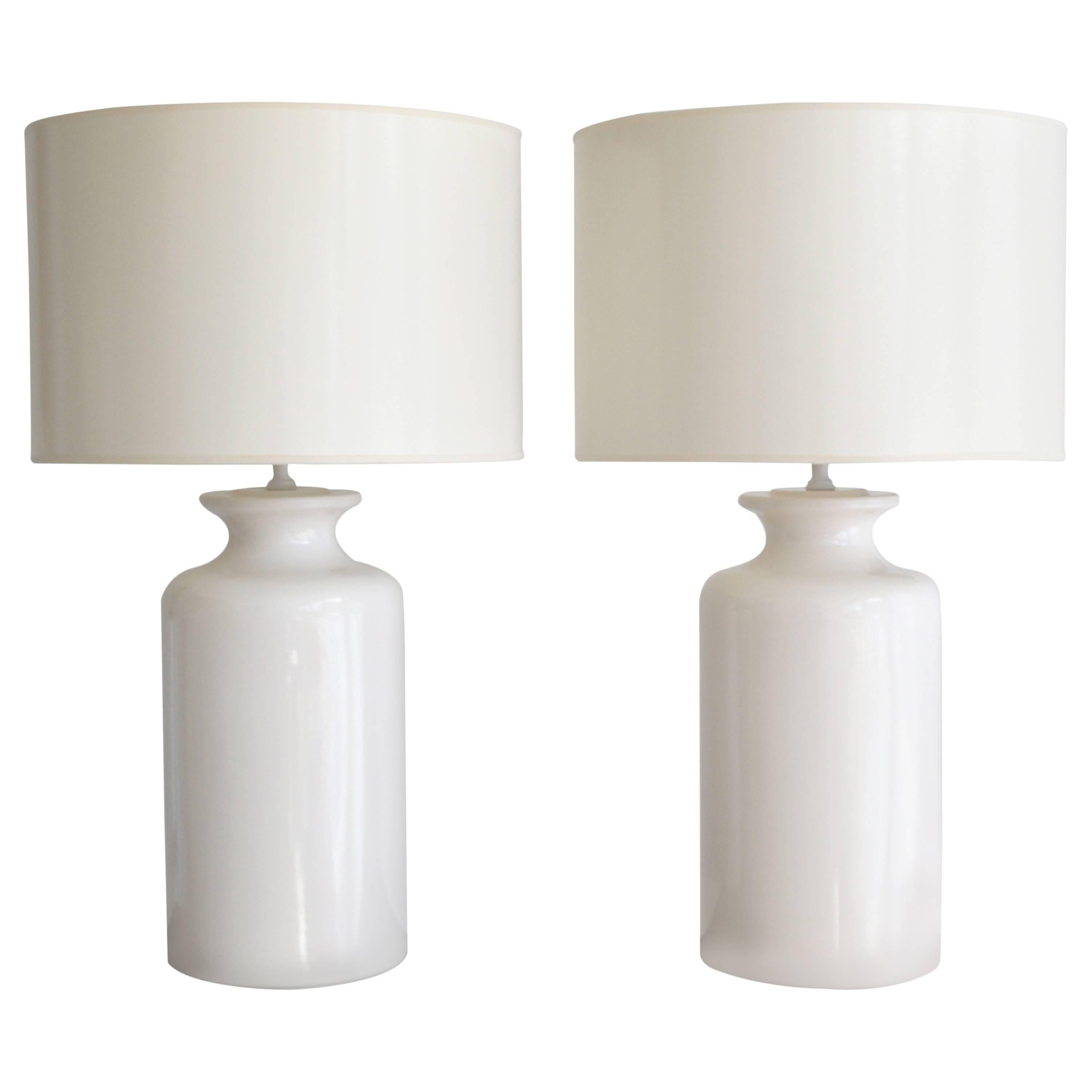 Pair of White Glazed Jar Form Table Lamps