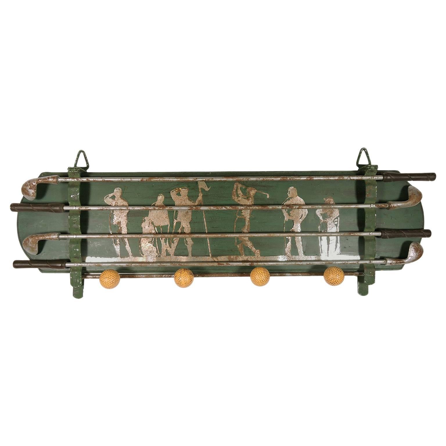 Unusual Vintage Green and Silver Painted Golfer's Wall Hanging Coat Rack For Sale