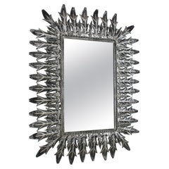 Vintage Sunburst Leafed Rectangular Mirror in Silver Patinated Metal, Spain 1950s
