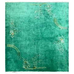 Antique Art Deco Chinese Oriental Carpet, Green 7'10" x 9'1"