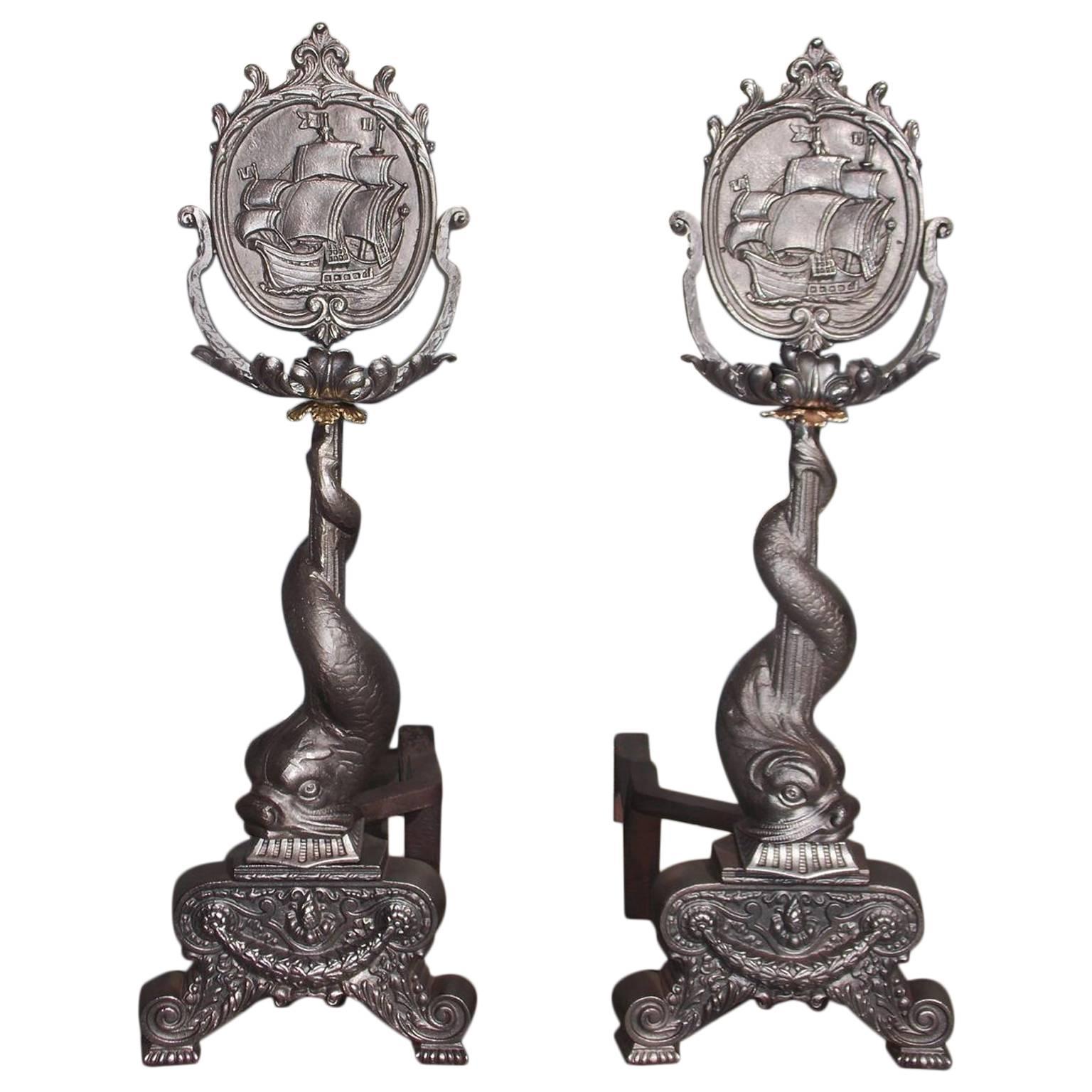Pair of American Polished Steel & Brass Dolphin Ship Andirons, Circa 1850