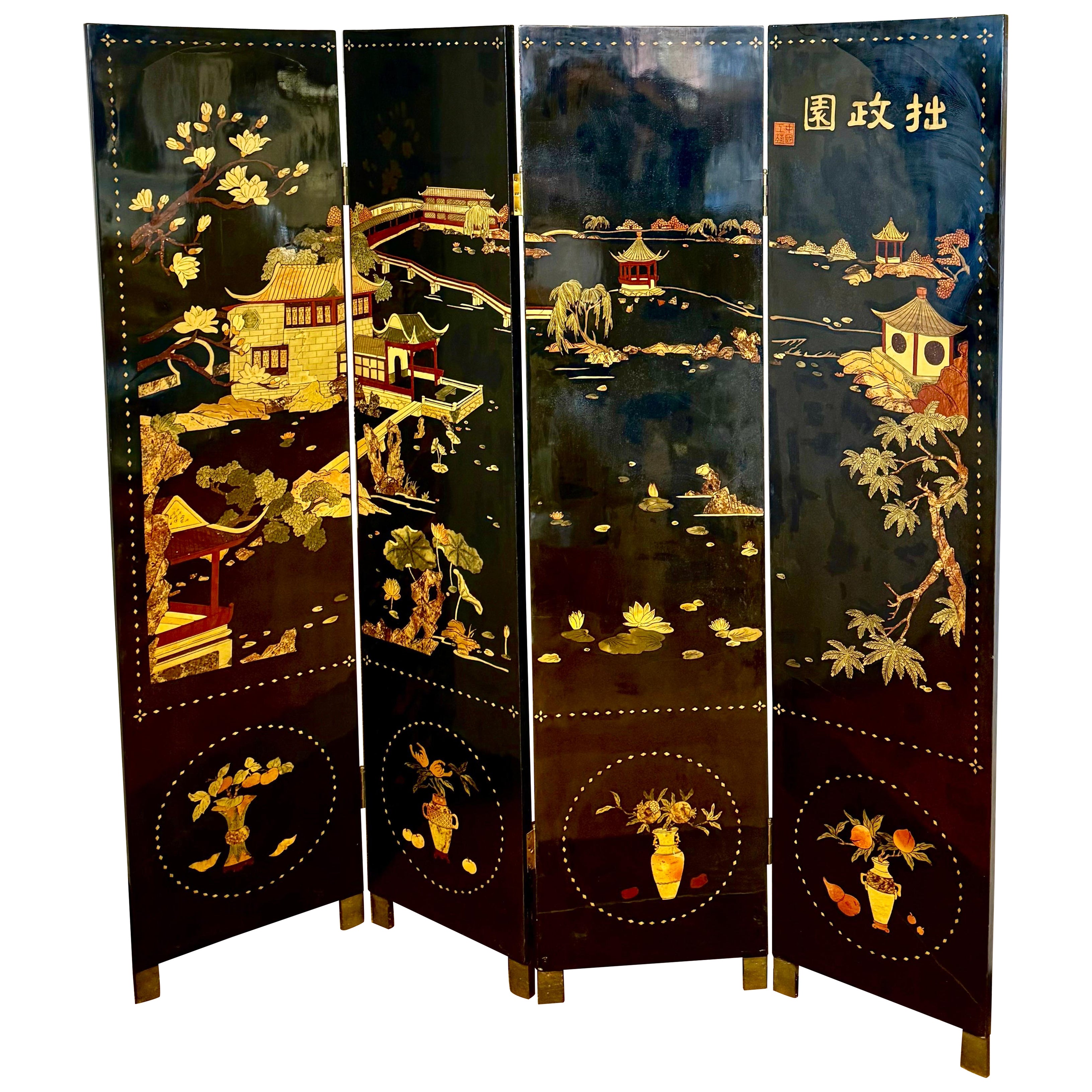 Chinoiserie Chinese Black Lacquered Hand Painted Four Panel Asian Screen Divider