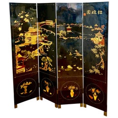 Chinoiserie Chinese Black Lacquered Hand Painted Four Panel Asian Screen Divider