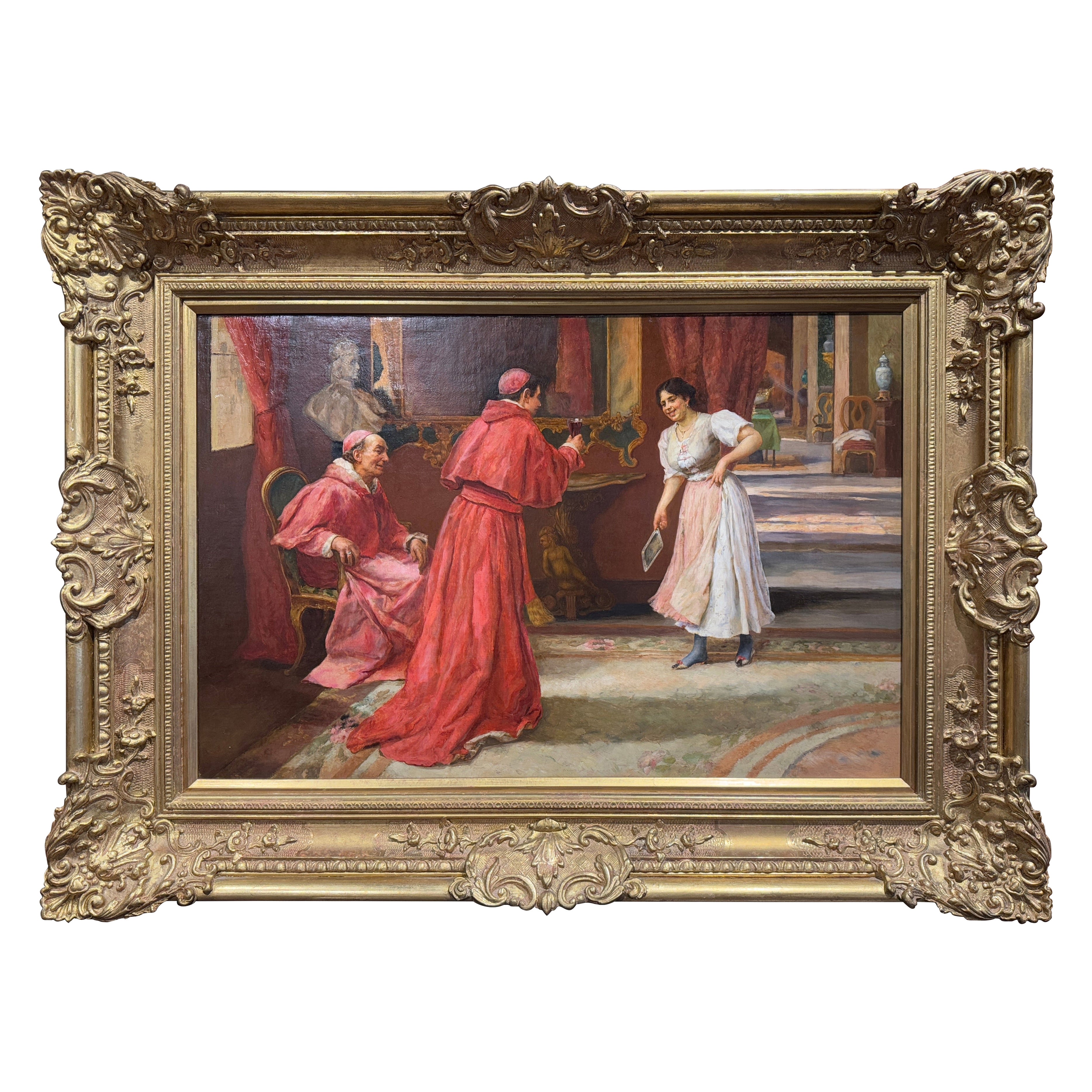 19th Century Italian Cardinal Oil Painting in Giltwood Frame Signed S. Novo