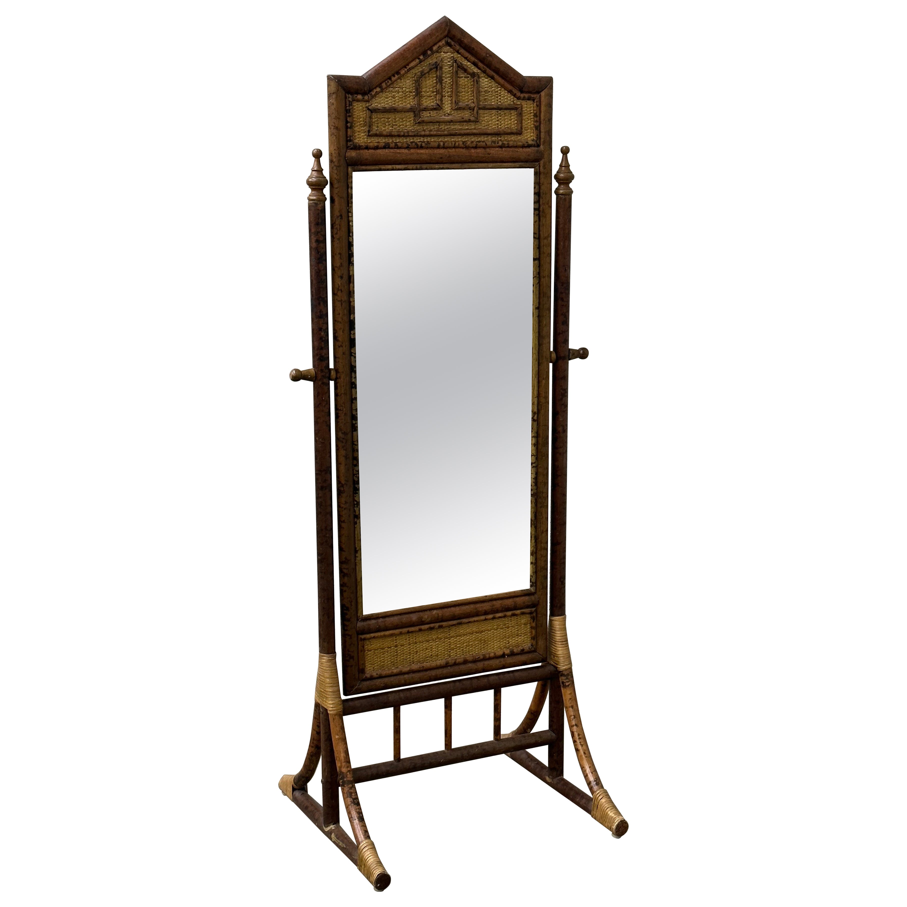 British Colonial Style Burnt Bamboo and Cane Freestanding Cheval Floor Mirror