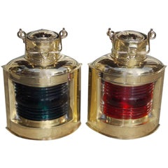 Antique Pair of Brass Port and Starboard Ship Lanterns with Fresnel Lenses. NY, C. 1900