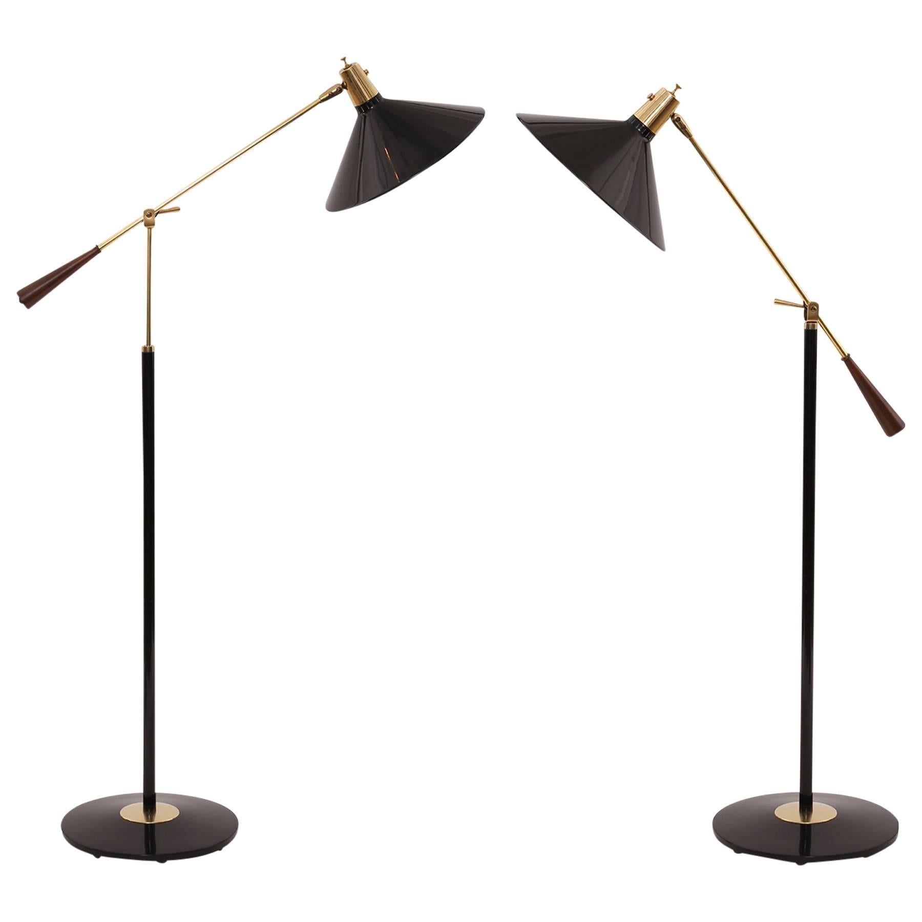 Pair of Enameled Metal Brass and Wood Floor Lamps by Lightolier