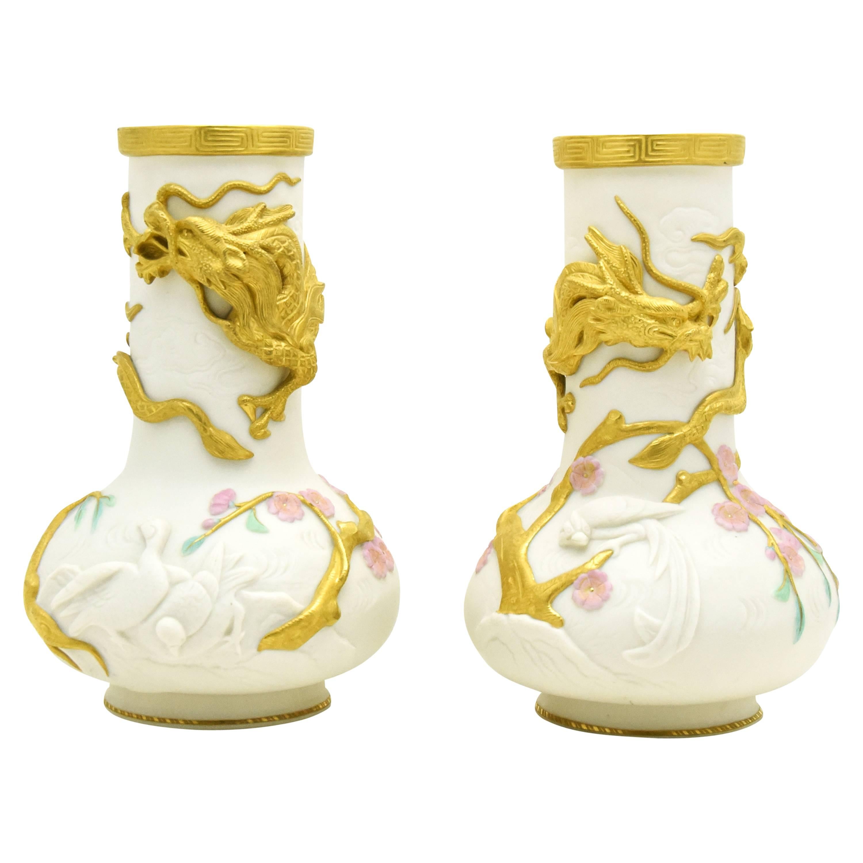 Pair of Copeland Japonesque Vases with Gold Dragons, Birds & Cherry Blossoms